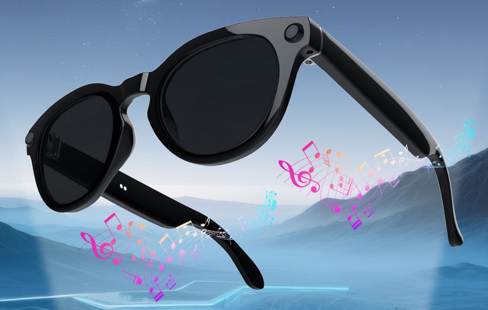 Black smart glasses floating in the air against a mountain landscape, with colorful musical note icons symbolizing music playback.