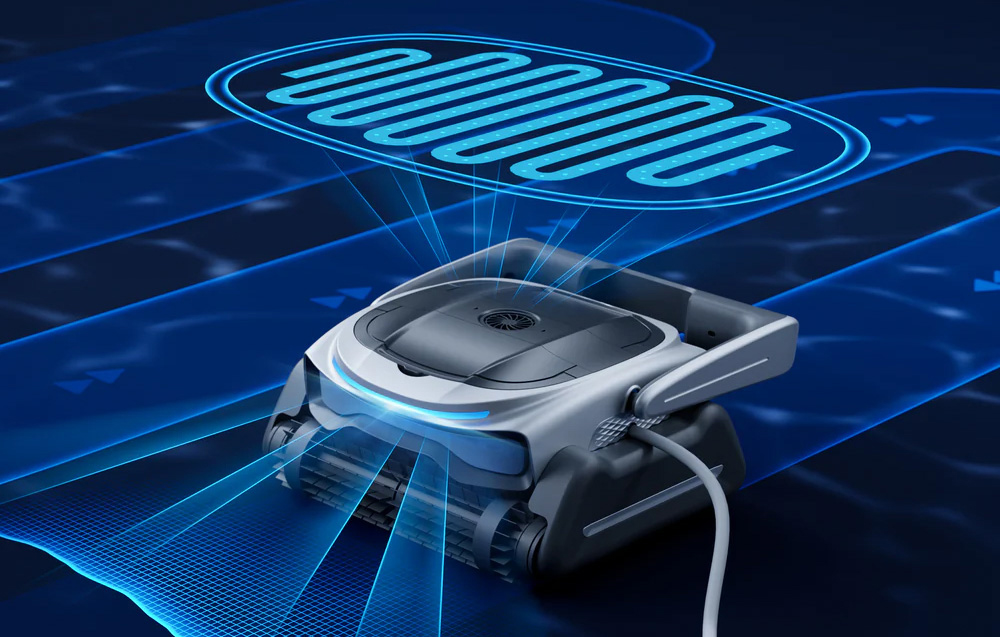 A pool robot moves along the bottom with a graphical visualization of its intelligent navigation route displayed above the device