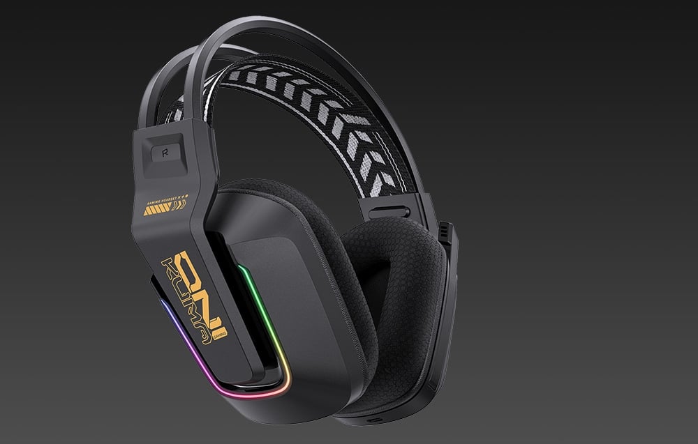 Gaming headphones with RGB colored earcups shown from the side against a dark background