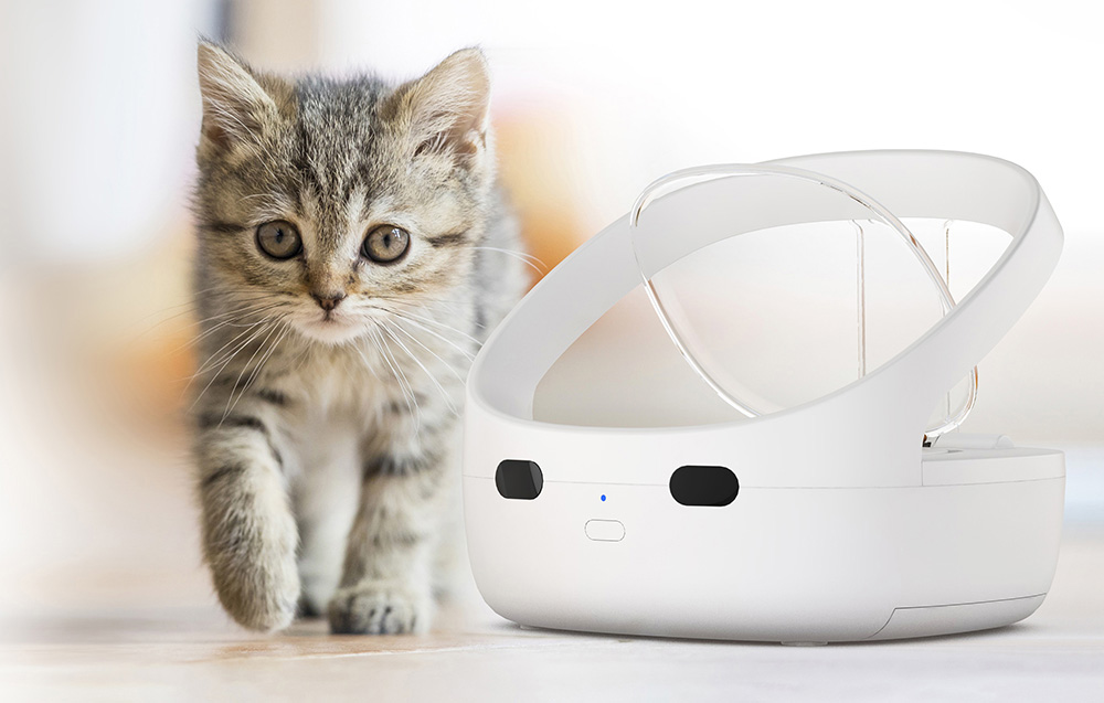 A brindle cat standing next to a white automatic food dispenser with the lid open