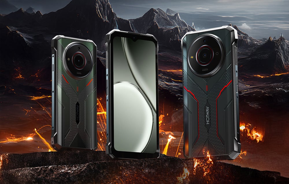 Three Hotwav phone models in black against a backdrop of dark rocks