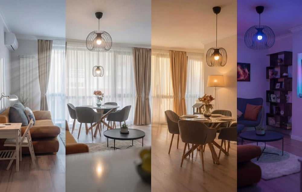 Four panels showing the same living room and dining area illuminated by different colors of light