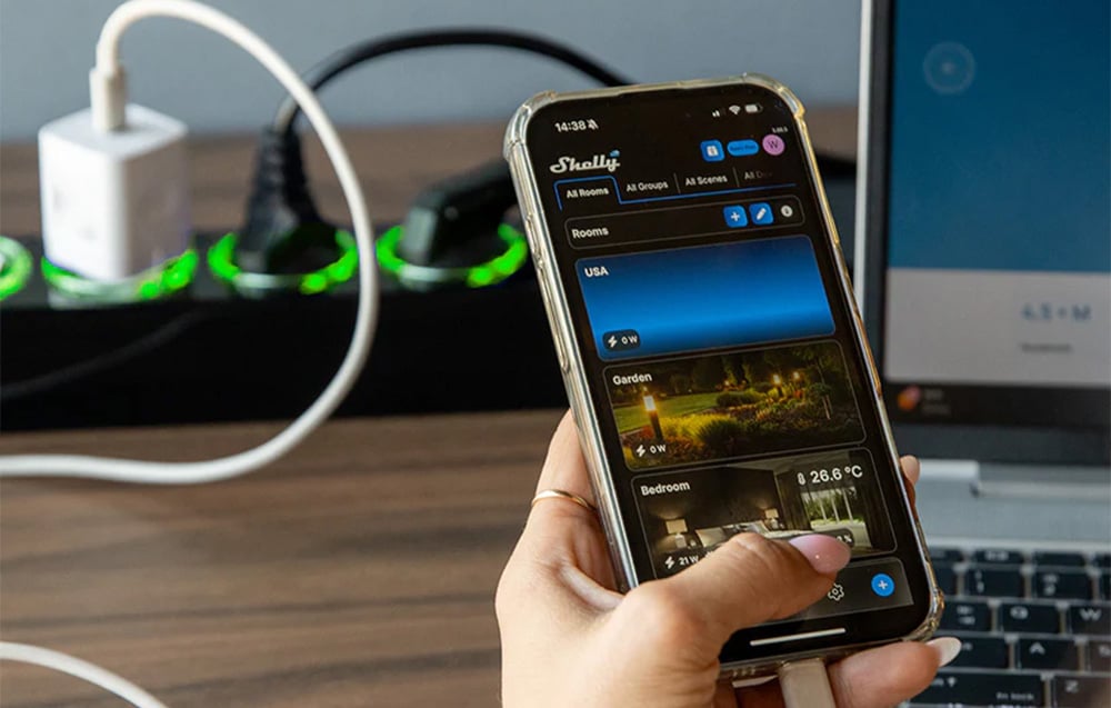 Shelly Smart Control smartphone app showing control of the Shelly Power Strip 4 Gen4 power strip.