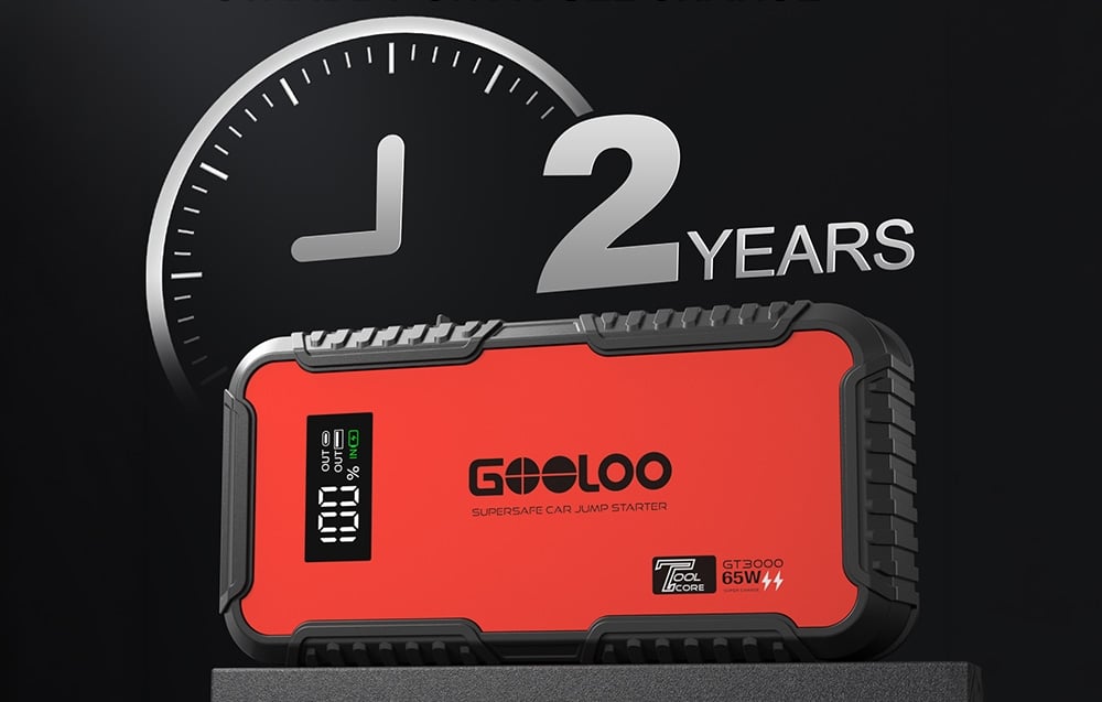 Car starter against a background featuring the text “2 YEARS” and a clock icon