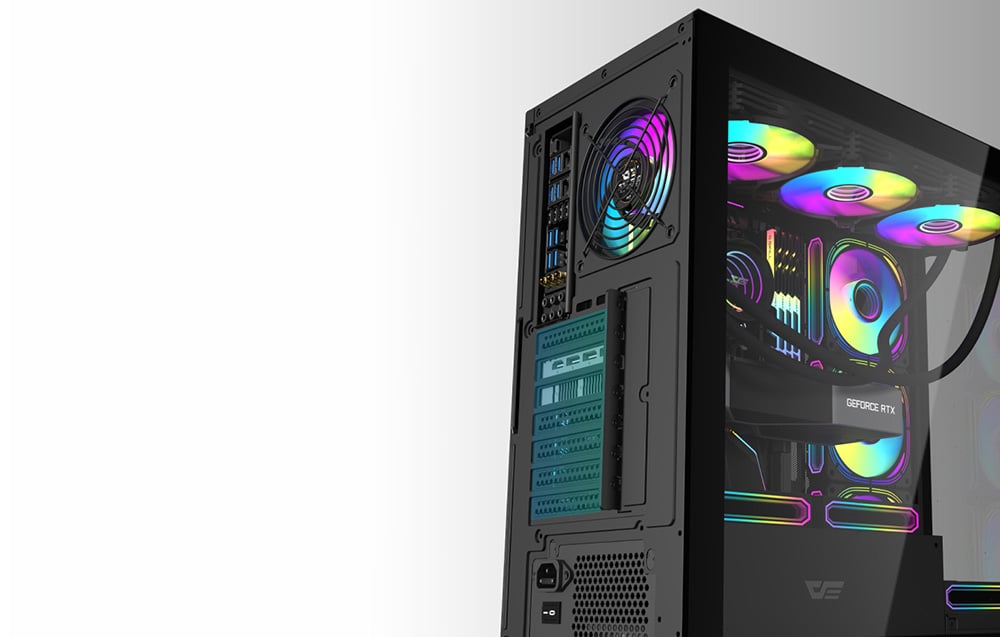 Black computer case with fans and ghostly back panel on white background