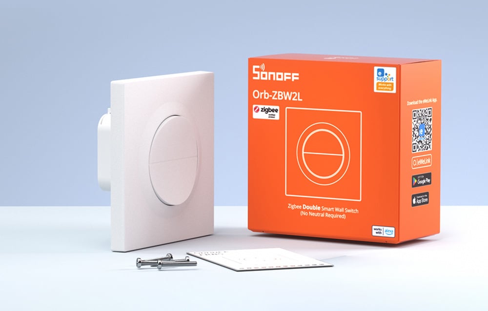 White two-channel wall switch SONOFF Orb-ZBW 2 liitrit  with box, mounting screws and instructions on blue background