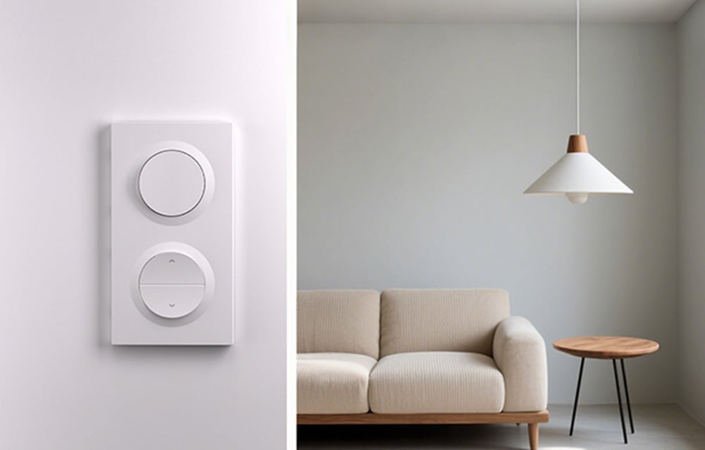 Double switch with a white frame on a bright wall. On the right, living room with lamp, sofa and table.
