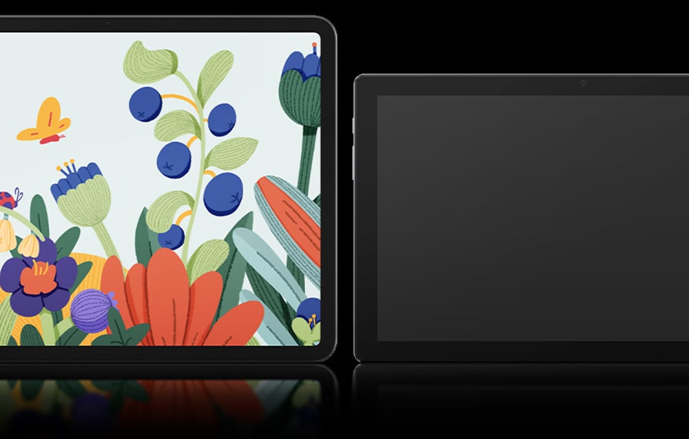 Two tablets side by side - one with an illustration of flowers and butterflies, the other with the screen off