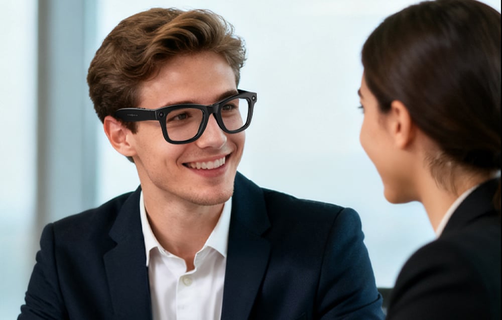 A smiling man in a suit and glasses is talking to a woman sitting next to him