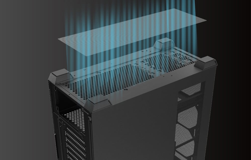 Black computer case with metal bottom panel.