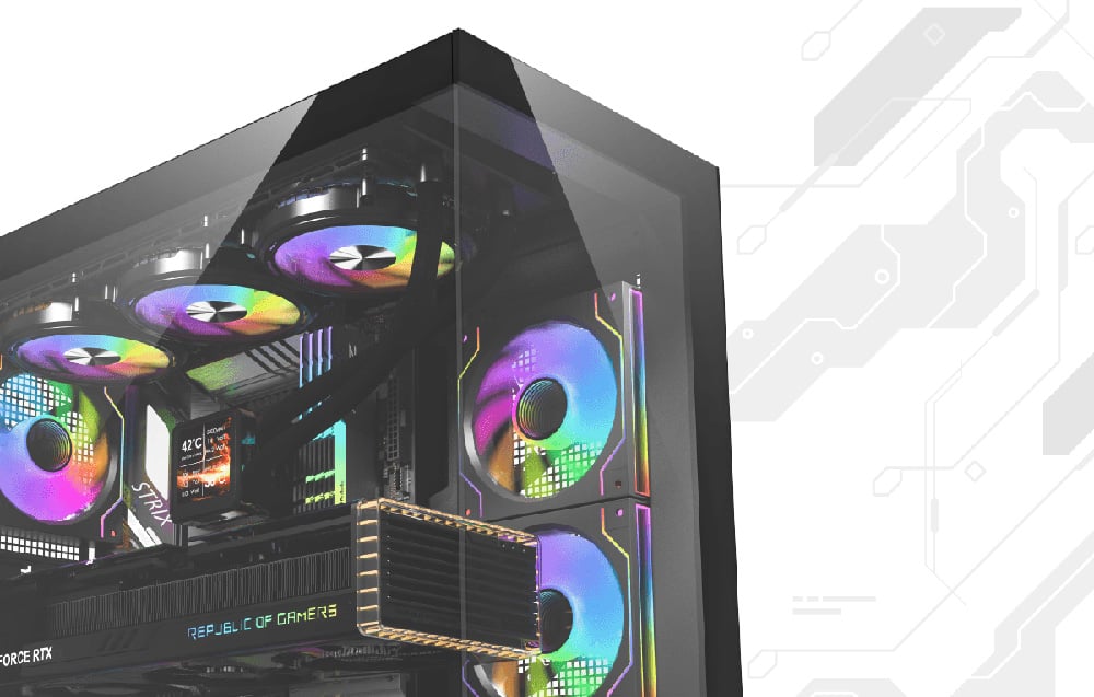 Close-up of a black PC case with colorful RGB fans on a light background