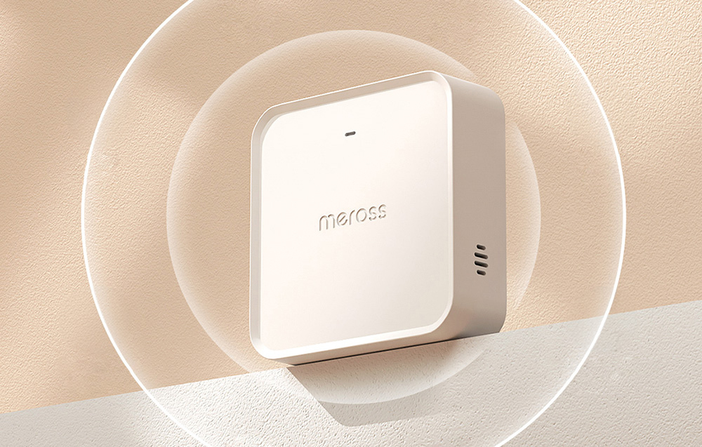 White Meross smart hub mounted on a beige wall with a range wave effect