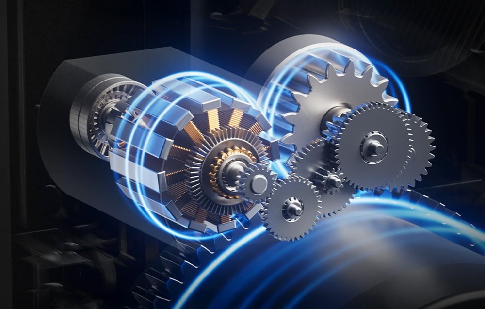 3D rendering of the lock mechanism with gears, motor and blue energy effect illumination