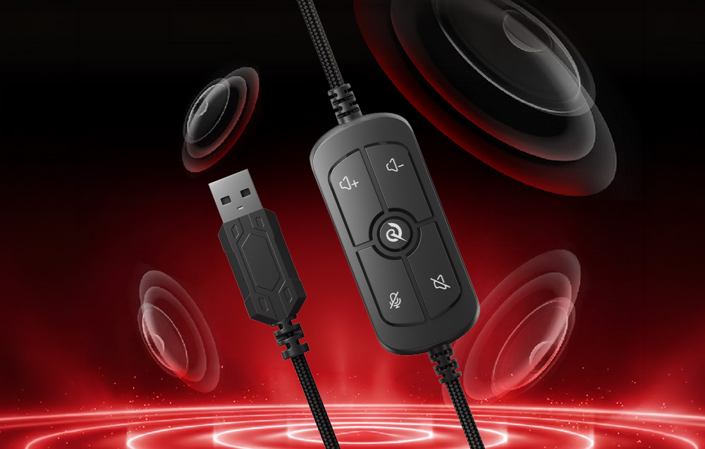 A wired remote control and the USB plug of gaming headphones, shown against a background of red sound waves