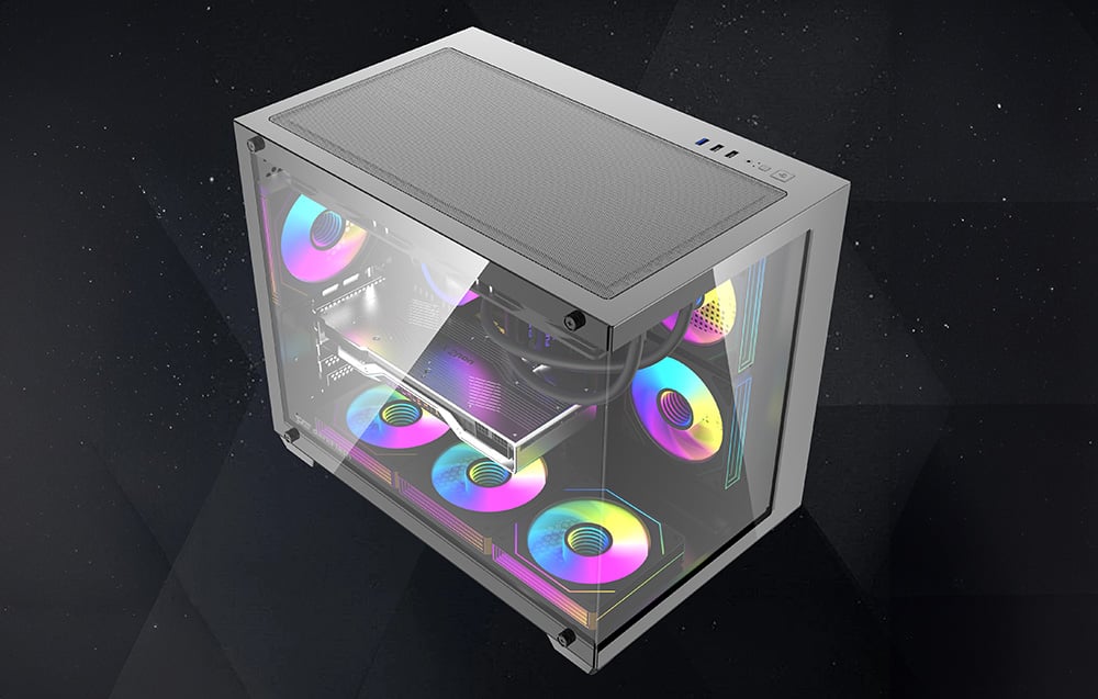 Black case with RGB fans visible from above on a dark background