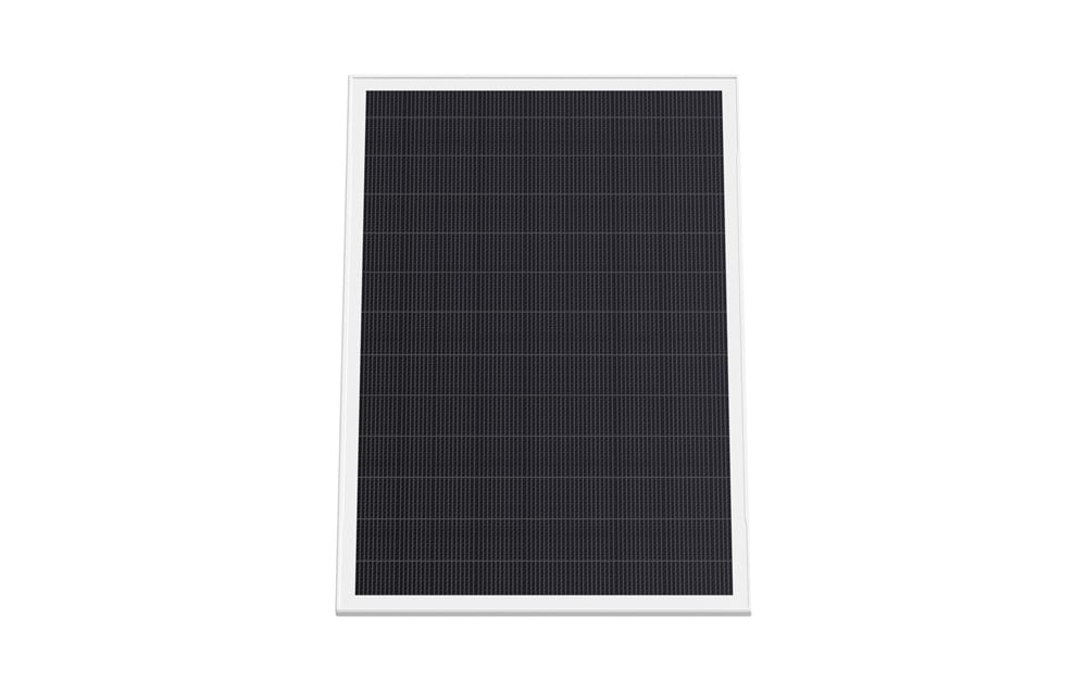 Rectangular black solar panel in a thin white frame, front view on a white background