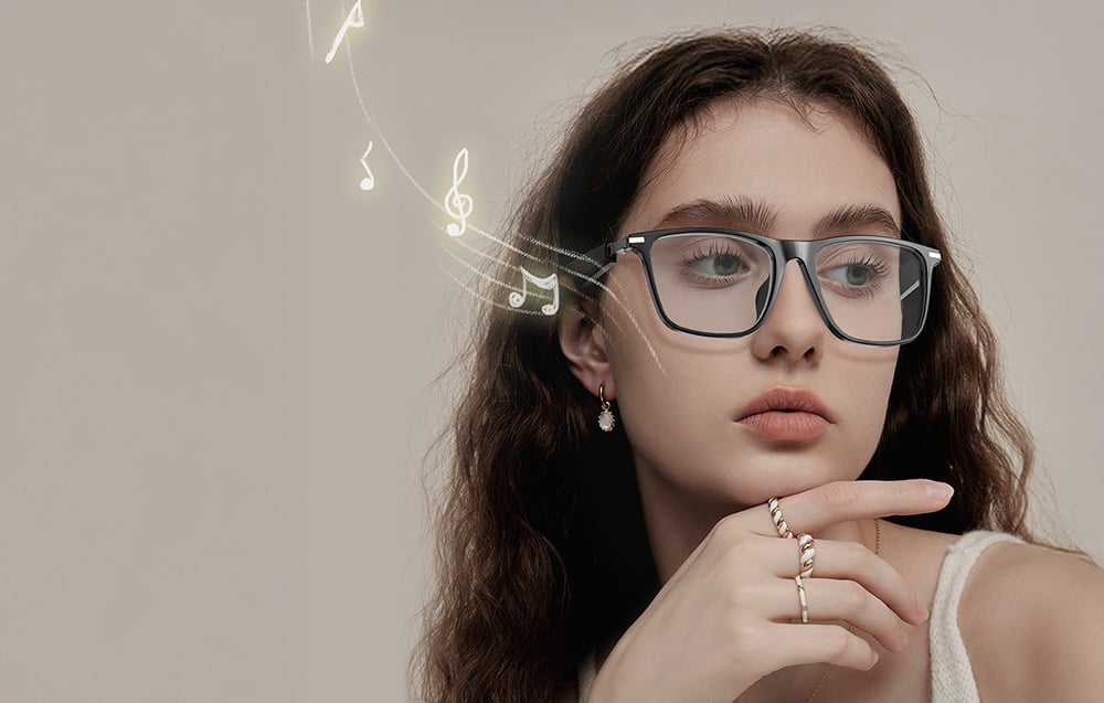 Portrait of a woman wearing glasses with musical notes superimposed, suggesting she is listening to music.