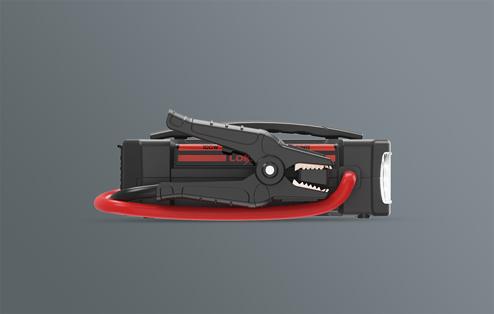 Side view of the starter, showing the built-in flashlight and a red cable secured along the housing.