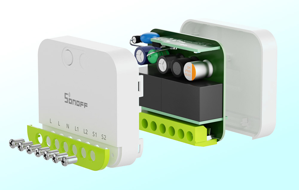 Disassembled Sonoff smart switch with visible electronic components and mounting screws