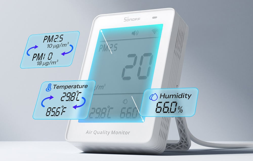 Sonoff air quality meter with display on a white table