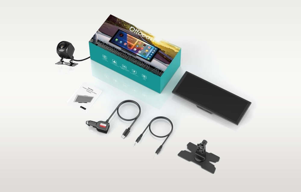 Ottocast kit: box, screen, manual, two black cables, cigarette lighter plug, camera, and mount