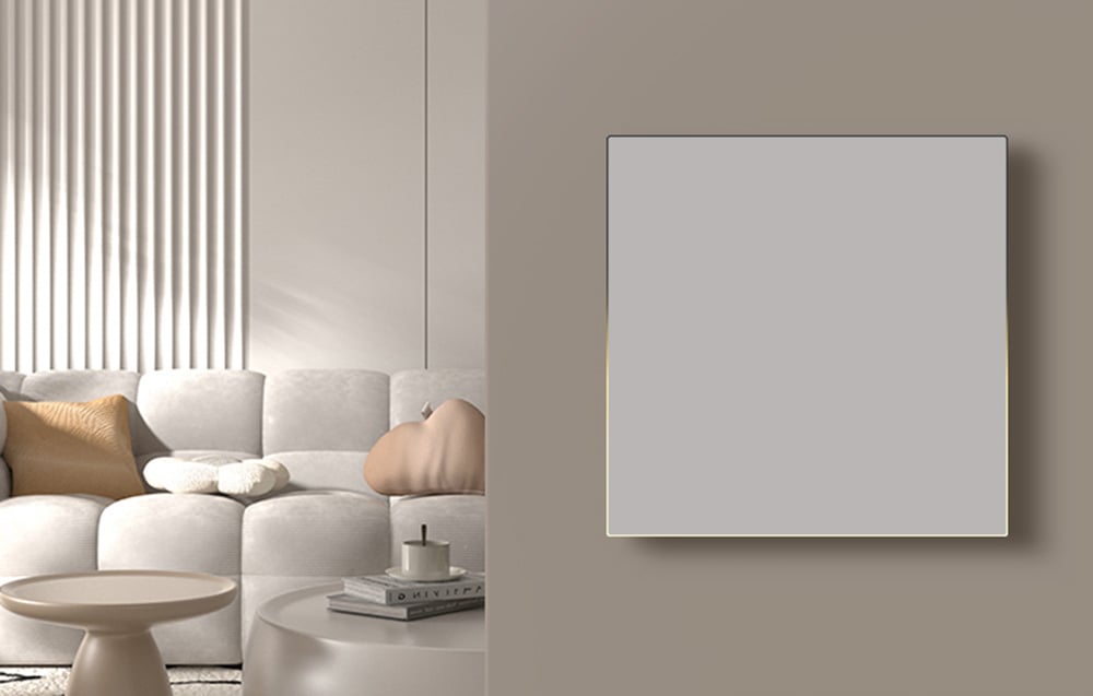 White touch panel with subtle backlighting on a beige wall in a bright living room with a cream sofa