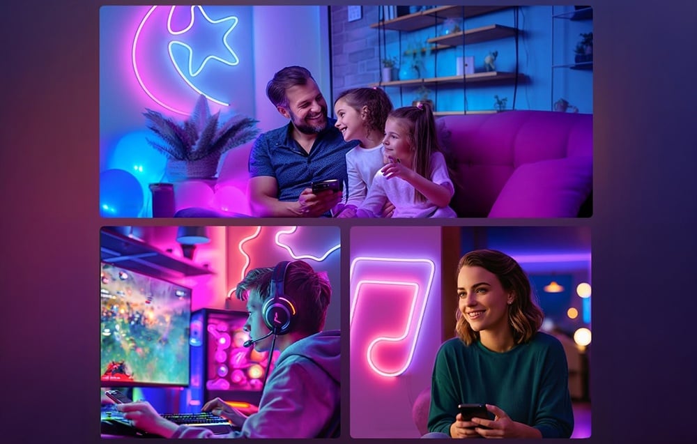 A collage of four shots showing people and lighting. A family, a teenager, and a woman surrounded by colorful neon lights.