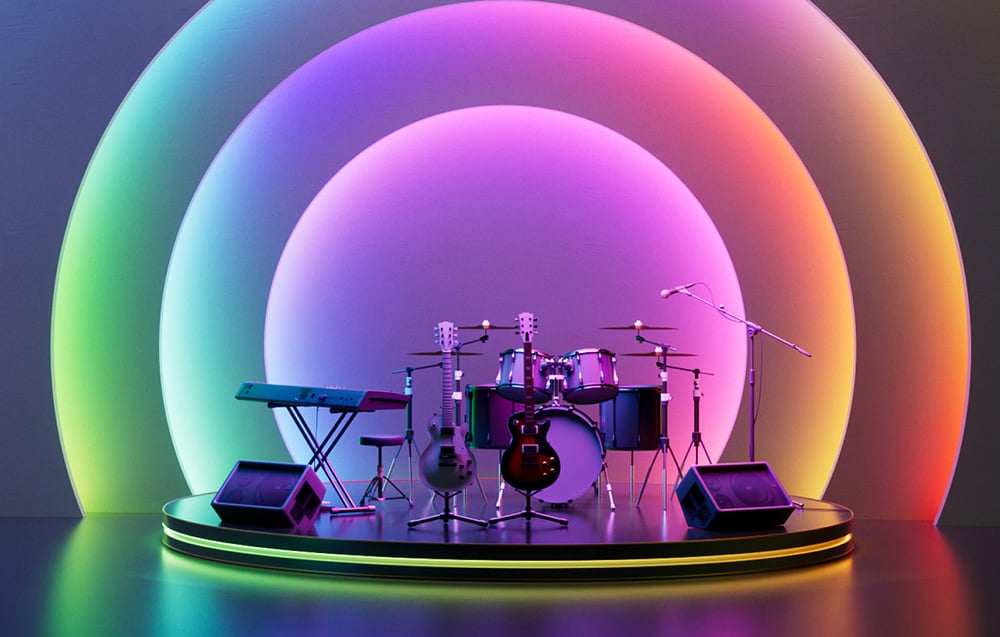 A scene with instruments against a backdrop of colorful lights