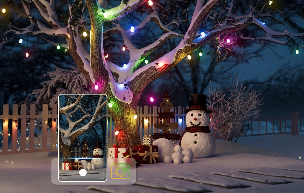 A winter garden with a snowman and a snow-covered tree adorned with colorful lights; in the foreground, a phone screen.
