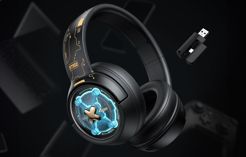 USB adapter and Onikuma headphones on a black background