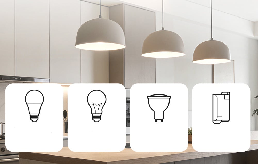 3 lamps lit above the kitchen island, below are the types of bulbs compatible with the switch