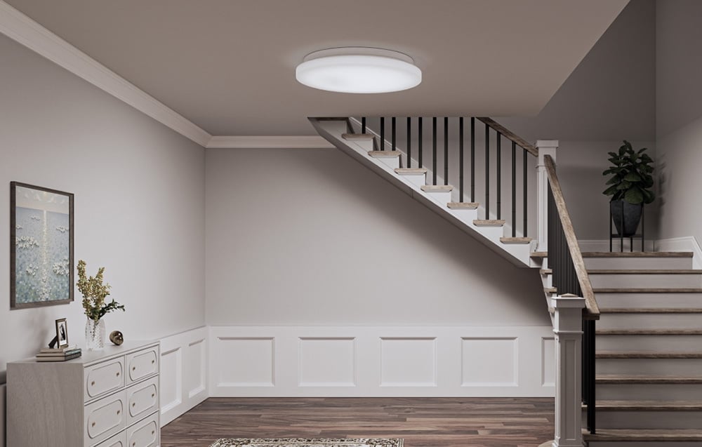 Yeelight MercuryE C260 presence sensor ceiling lamp installed in the lobby by the stairs.