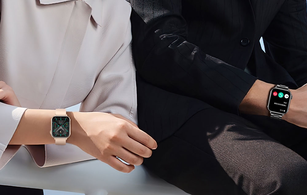 Woman and man with smartwatches on their wrists.