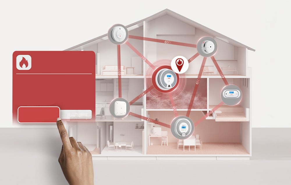 A cross-section of a house with a network of wirelessly connected sensors and a large red alarm message on the screen