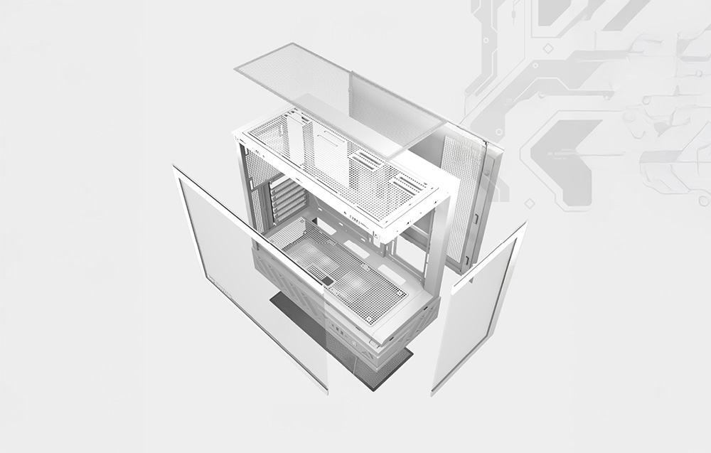 White computer case with unfolded panels on a gray background
