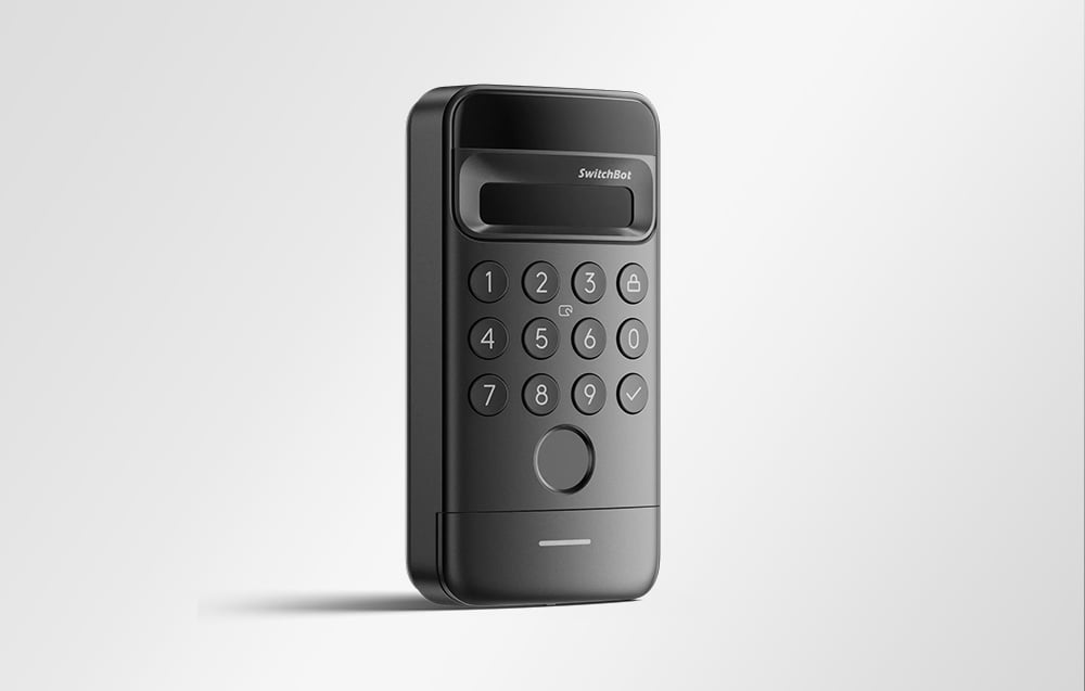 Black SwitchBot numeric keypad with display, 0-9 buttons and fingerprint reader at bottom