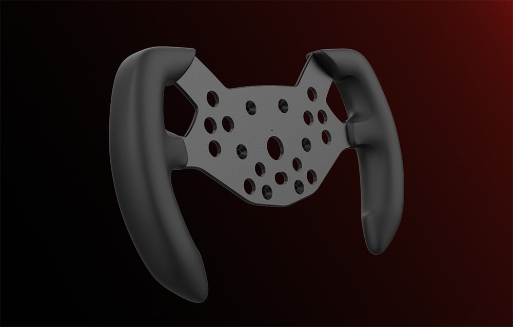 Black, three-spoke open-wheel racing wheel with ergonomic grips and mounting holes