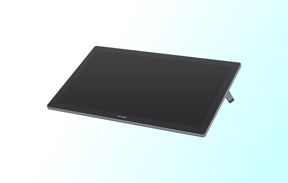 Huion graphics tablet with adjustable stand on a light blue background