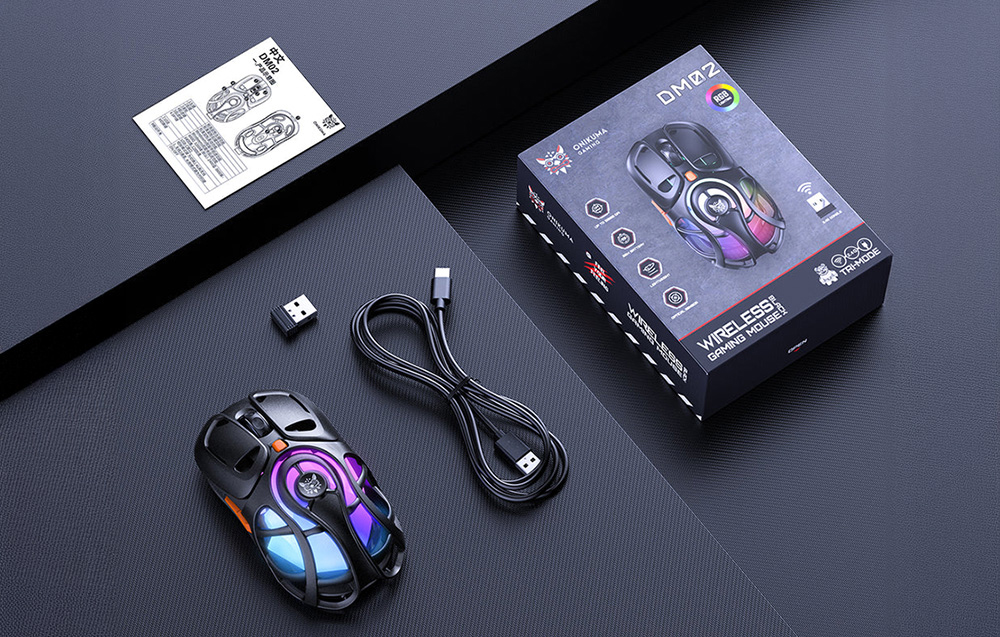 Black computer mouse, receiver, cable, packaging and user manual on grey geometric bases