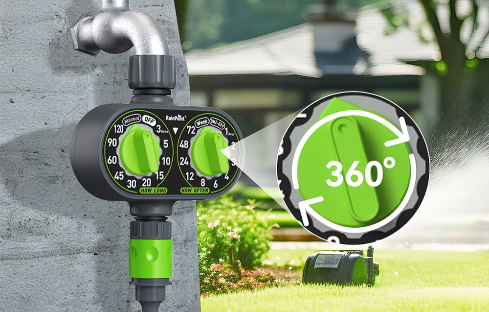 Irrigation controller mounted on a faucet; close-up highlights the 360-degree rotary knob for easy adjustment.