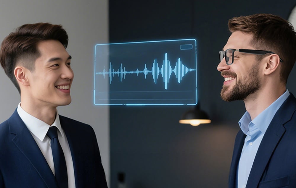 Two men are talking to each other, with a digital visualization of a sound wave visible between them.