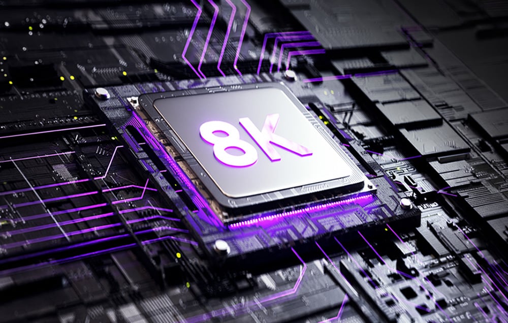 Close-up of the processor with neon purple backlighting and text