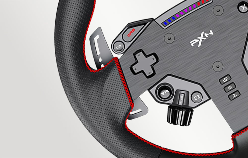 Close-up of the gaming steering wheel buttons on a gray background