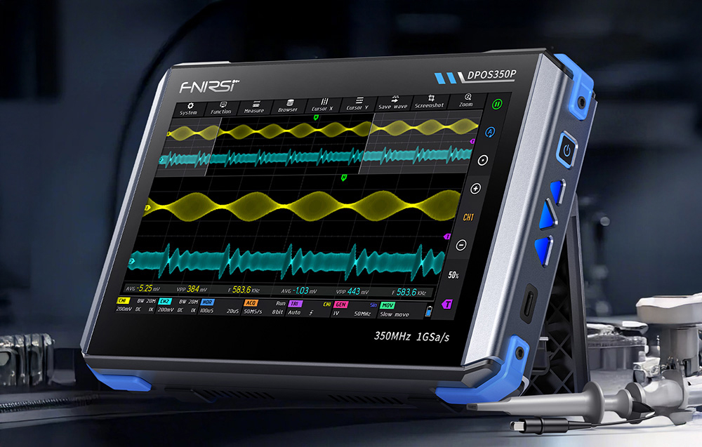 Digital oscilloscope with a color signal display on a desk.