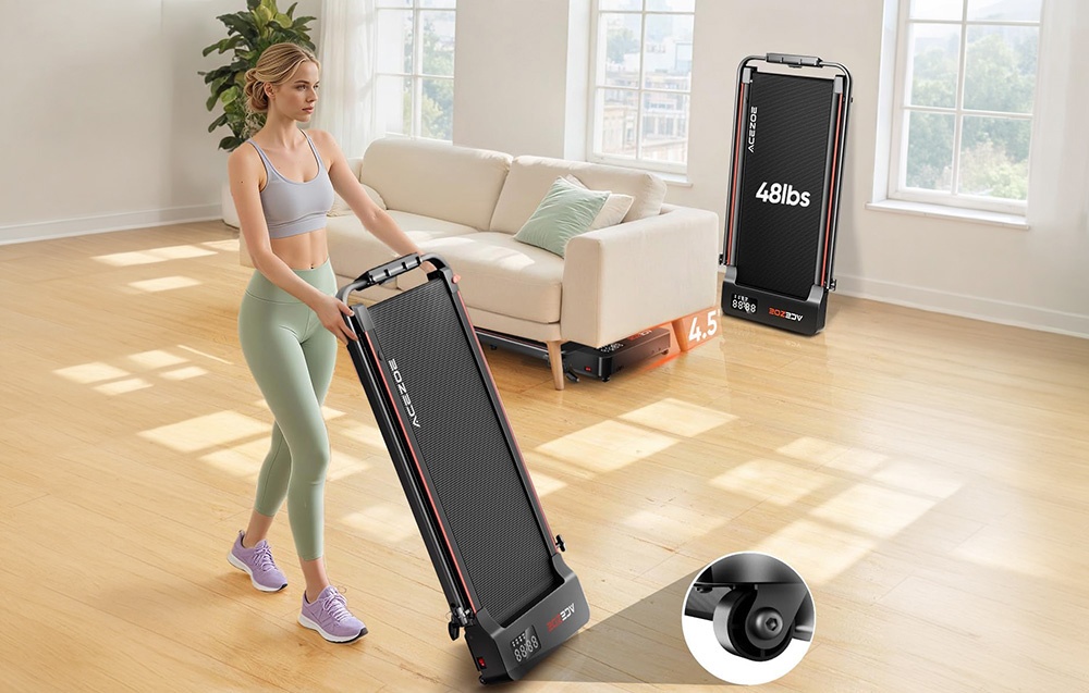 A woman in athletic wear is carrying a folding treadmill