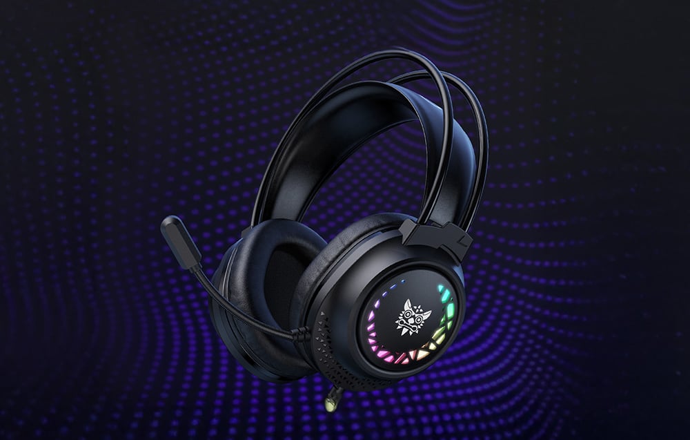 Black gaming headphones with backlighting on a dark background