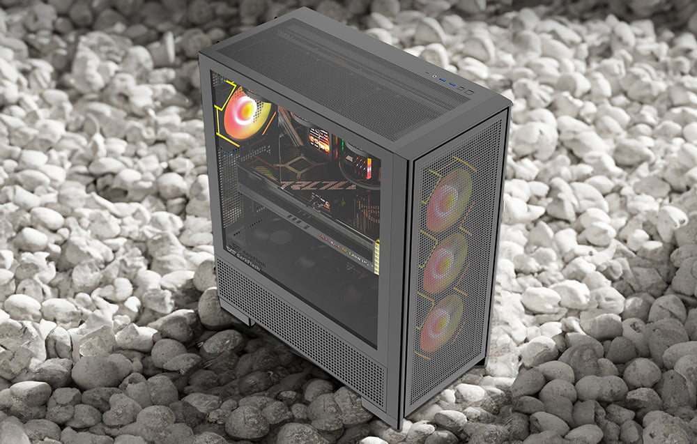 Black computer case with colored fans on stones