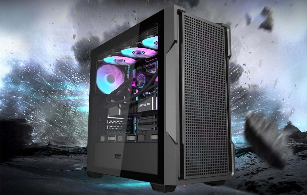 Black Darkflash DS900 Mesh computer case against a background of smoke and explosion.