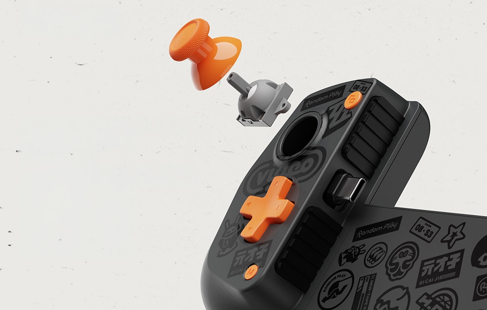 Exploded view of the analog joystick module above the smartphone controller housing with the mounting mechanism exposed