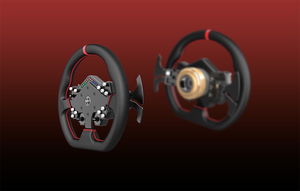 2 steering wheels visible from front and back on red/black background.